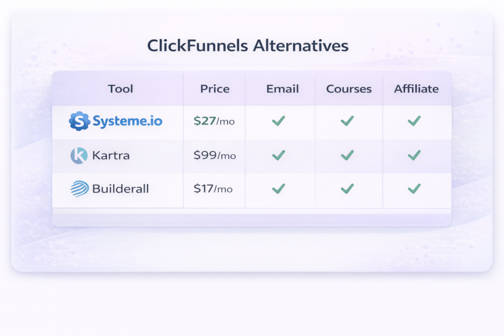 clickfunnels alternatives comparison systeme.io katra builderall pricing