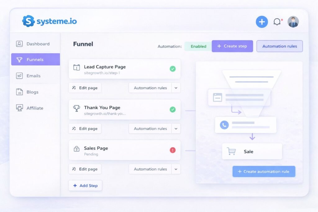 Systeme.io dashboard and funnel builder interface