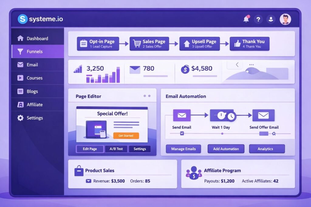 systeme.io funnel builder dashboard