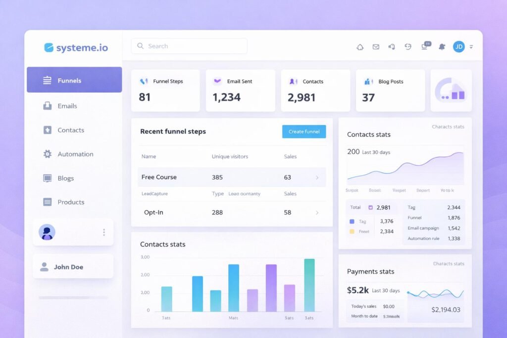 systeme.io dashboard funnel builder and email marketing interface
