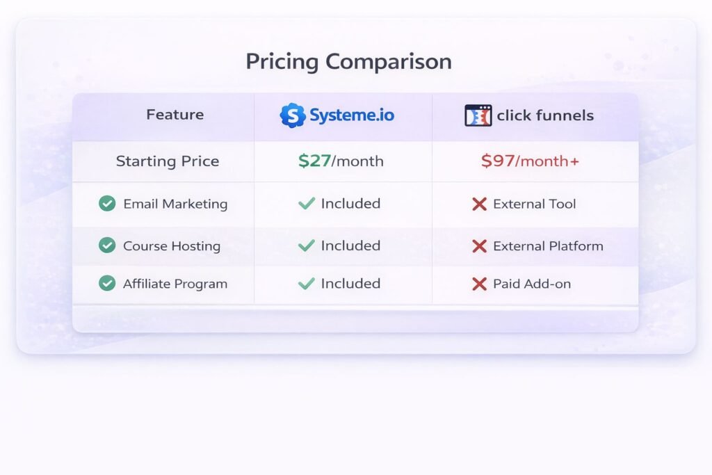 Systeme.io vs ClickFunnels pricing comparison 2026 table