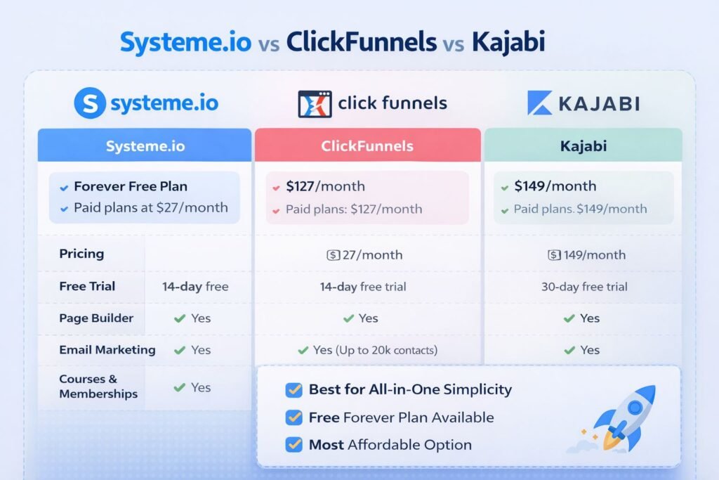 Systeme.io vs ClickFunnels vs Kajabi comparison pricing and features
