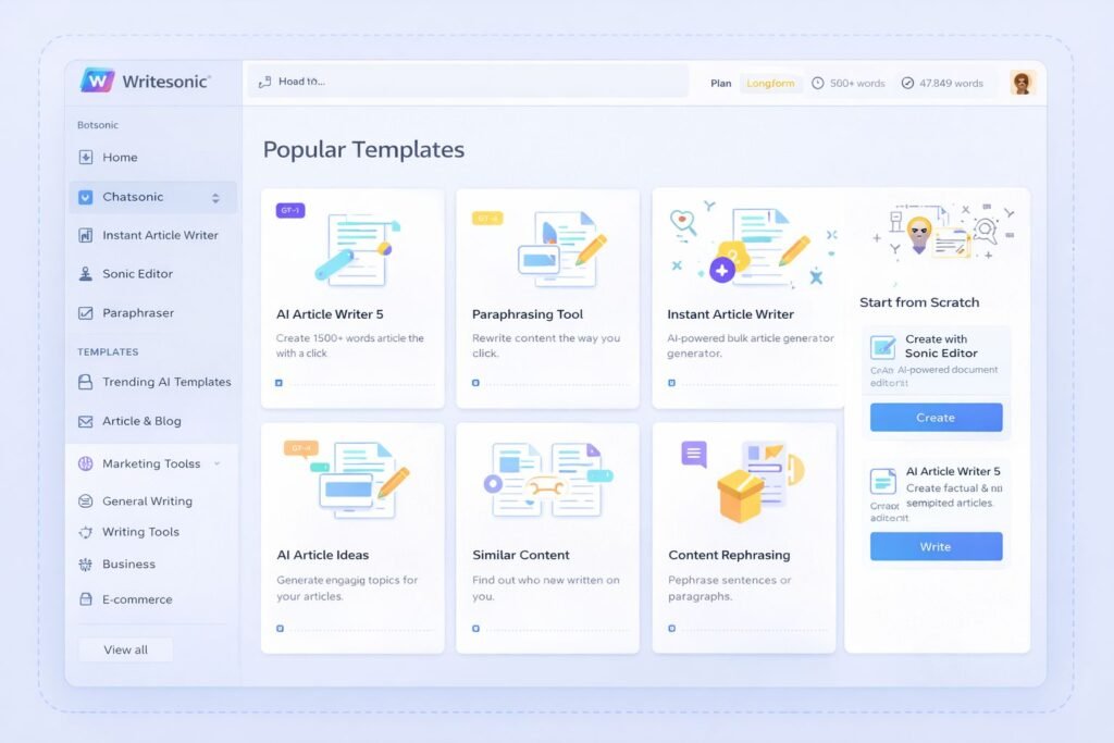 writesonic ai writing tool dashboard interface for seo and content creation